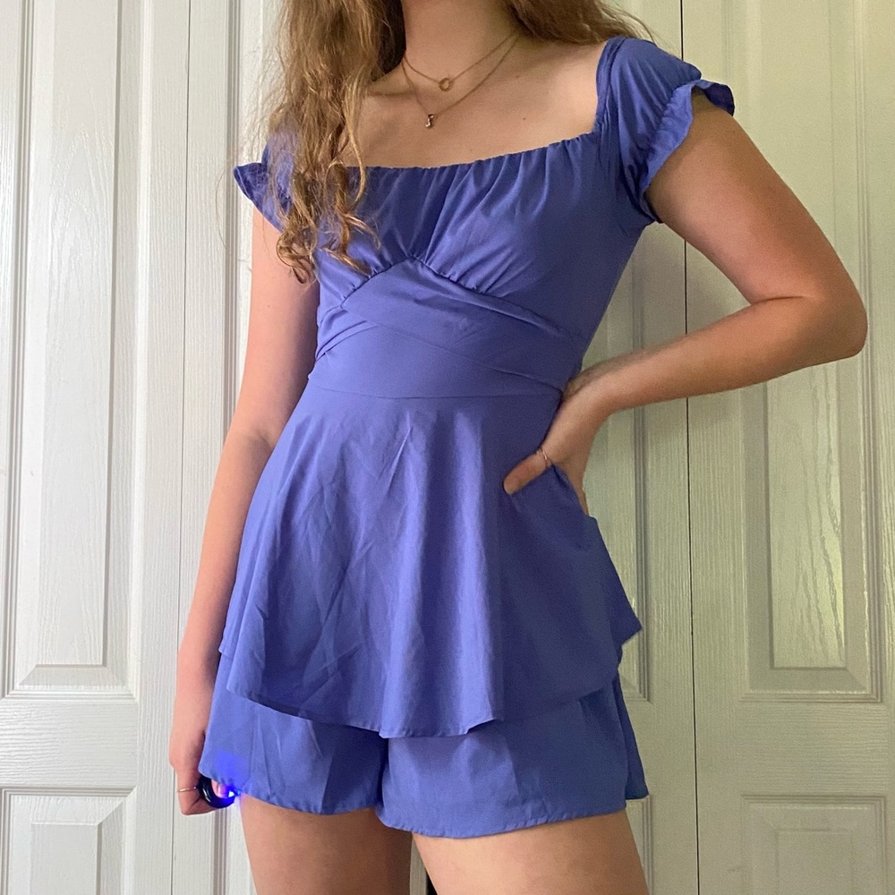 PURPLE SUMMER ROMPER BLUE PUFF SLEEVE HANDMADE SIZE MEDIUM PRINCESS POLLY